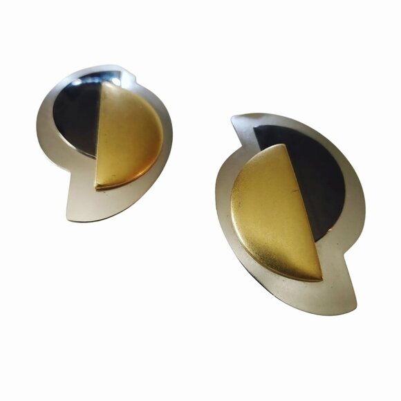 Monet Post Earrings Vintage Geometric Mixed Metal Modernist Brutalist Sculptural - Picture 8 of 13